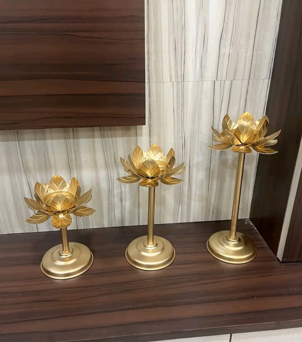 ✨ Premium Golden Metal Lotus T-Light Holder Stand - Set of 3 ( Different Heights )