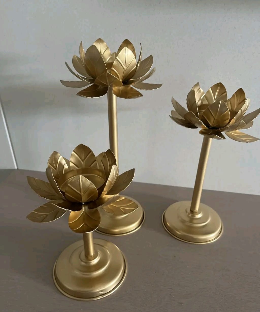 ✨ Premium Golden Metal Lotus T-Light Holder Stand - Set of 3 ( Different Heights )