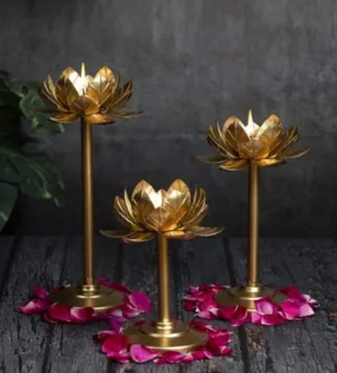 ✨ Premium Golden Metal Lotus T-Light Holder Stand - Set of 3 ( Different Heights )